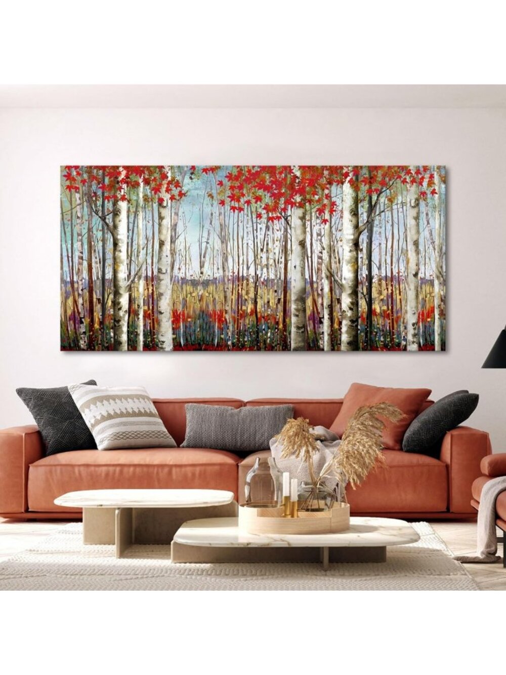 Large Framed Canvas Wall Art - Red Leaves & White Birch Tree Forest Decor 24x48